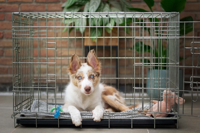 Puppy inside a wired crate